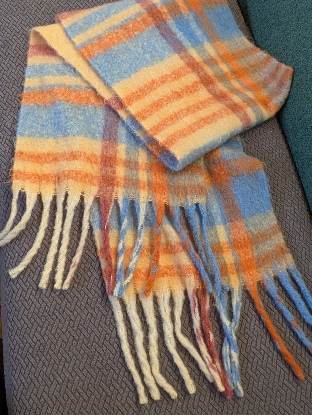Light Blue & Orange Plaid Fringe Scarf - Women Accessories